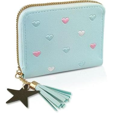 Imagem de Carteira feminina pequena e curta com borla, linda bolsa de moedas de couro sintético com zíper, Azul