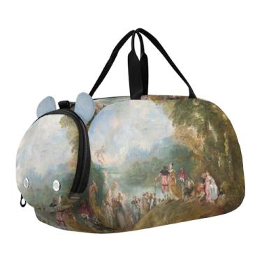 Imagem de Bolsa esportiva Hubert Robert para meninas com pintura de paisagem para viagem durante a noite com compartimento para sapatos, bolsa esportiva para meninos, Antoine Watteau imprime Embarkation Cythera