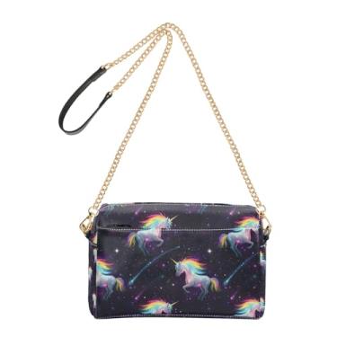 Imagem de Bolsa feminina transversal bolsa para celular linda arco-íris unicórnio estrelas preta couro PU bolsa de ombro alça de corrente