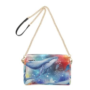 Imagem de Bolsa transversal feminina bolsa para celular linda bolsa de ombro de couro PU alça corrente galáxia baleias arco-íris gradiente