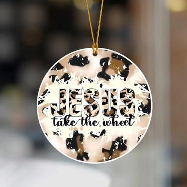 Imagem de Placa de textura com estampa de leopardo Jesus Take The Wheel, ornamentos redondos de acrílico, pequeno presente criativo para amigos, presente de aniversário, presentes religiosos