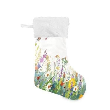 Imagem de ATTX Meias de Natal de flores silvestres em aquarela, suportes de presente brancos de pelúcia para decorações de festas de fim de ano (17,7 polegadas, pacote com 2) #350