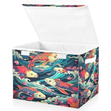 Imagem de Blueangle Caixas de armazenamento coloridas de ondas de peixe com tampas, 42 x 32 x 30 cm, grande cesta organizadora dobrável para decoração de escritório e armário (126)