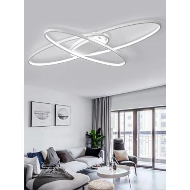 Imagem de Luminária de teto LED moderna para sala de estar, com design oval regulável e controle remoto, na cor preta, ideal para quarto, sala de jantar e cozinha (Branca, 95cm).