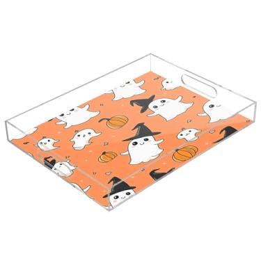 Imagem de xigua Bandeja de servir de acrílico fantasma de Halloween com alças à prova de derramamento, bandejas decorativas de festa de Halloween, bandeja organizadora de bancada para banheiro, cozinha, 30,5 x