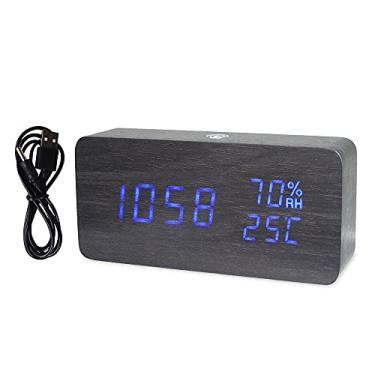 Imagem de Relógio de Alarme Digital Madeira LED com Controle por APP Exibição Temperatura Umidade e Data Mesa Eletrônico 4 Níveis Brilho Som Alimentação via USB