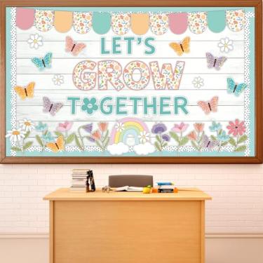 Imagem de Quadro de avisos de primavera, decoração de sala de aula, motivacional, vamos crescer juntos, flor pastel, borboleta, arco-íris, recorte abril ou maio, quadro de avisos para festa de volta às aulas
