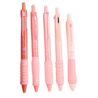 Imagem de YIHUANYIFA 5 canetas retráteis rosas fofas canetas de gel estéticas canetas de escrita de tinta de aderência macia com ponta fina lisa de 0,5 mm, material escolar de escritório para mulheres e homens