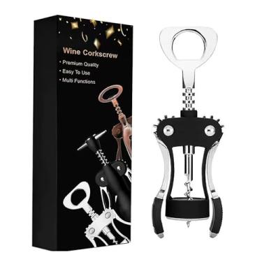 Imagem de Abridor de vinho com cortador de folha de vinho de aço inoxidável - Cortador de vedação superior de garrafa, saca-rolhas premium de liga de zinco com abridor de garrafas multifuncional, preto