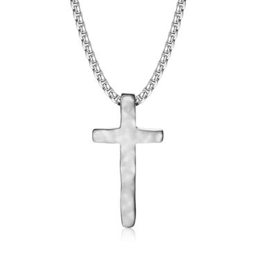 Imagem de MUSECLOUD Colar de corrente de cruz de prata para homens: Colares com pingente de cruzes de aço inoxidável 316L martelado com correntes de caixa joias de Natal cristãs forjadas à mão para homens e