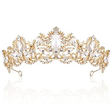 Imagem de Tiara e coroa de ouro para mulheres, tiaras de princesa de strass, tiara de coroa de rainha dourada para mulheres, presente de cristal para casamento, noiva, formatura, aniversário, festa
