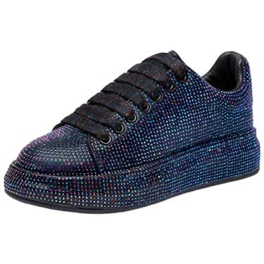 Imagem de Jamron Tênis feminino moderno com sola grossa glitter gradiente cores strass cadarço casual sapatos esportivos, Azul marino, 33