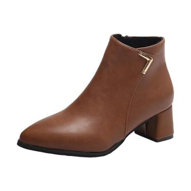 Imagem de Botas femininas casuais estilo britânico com bico fino, manga com zíper lateral, salto grosso para uso no salto médio, Marrom, 35