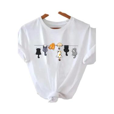 Imagem de Camiseta Casual Feminina Branca Com Estampa De Gato, Gola Redonda E Ma