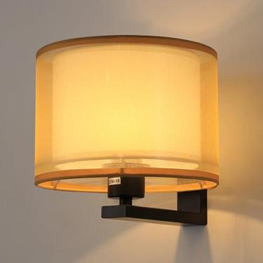 Imagem de QJDLDZTN 1 luz LED, luminária de arandela interna para sala de estar com abajur de tecido cilíndrico, base E27, corpo de ferro para corredor, sala de estar, escritório de estudo