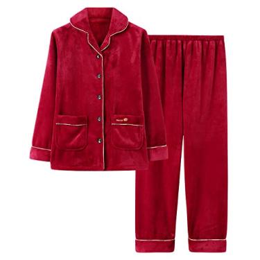 Imagem de HHHJQFAAT Conjuntos de pijama feminino de inverno grosso de flanela quente roupa de dormir feminina manga longa gola virada para baixo (vermelho médio)
