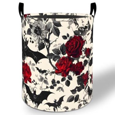 Imagem de Cesto de roupa suja gótico de morcego e rosa, 50 x 40 cm, balde de armazenamento de roupas Oxford floral dobrável à prova d'água para quarto, banheiro, quarto de bebê, organizador de brinquedos