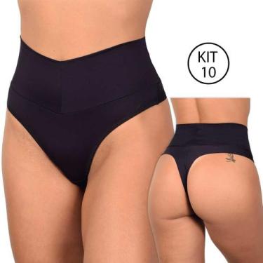 Imagem de Kit 10 Calcinhas Modeladora Cintura Alta Fio Dental Cós Alto Duplo Pol
