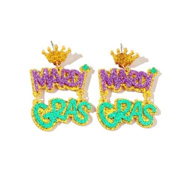 Imagem de Brincos de Mardi Gras declaração acrílico colorido coroa letra máscara flor de lis lantejoulas brilhantes brincos pendentes leves para mulheres carnaval festival desfile festa feriado joias acessórios