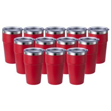 Imagem de MEWAY Caneca de viagem isolada a vácuo de parede dupla de 473 ml, copos de aço inoxidável com tampa, copos de café revestidos em pó para bebidas frias e quentes (vermelho, pacote com 12)