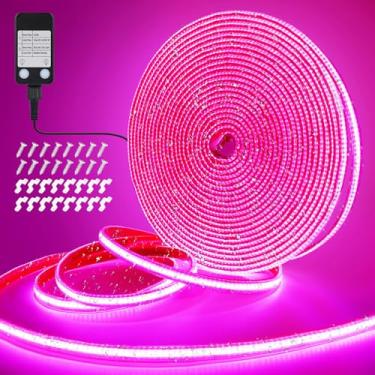Imagem de OMIKA Fita de LED COB rosa de 1,8 m à prova d'água para uso externo, 3200 lâmpadas de LED com plugue de fita de PVC flexível com temporizador autoadesivo, regulável para casa, jardim, acampamento