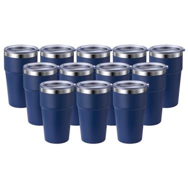 Imagem de MEWAY Caneca de viagem isolada a vácuo de parede dupla de 473 ml, copos de aço inoxidável com tampa, copos de café revestidos em pó para bebidas frias e quentes (azul-marinho, pacote com 12)