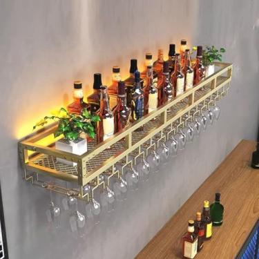 Imagem de Rack de vinho flutuante montado na parede com luz LED - Suporte de garrafa invertido elegante para decoração de bar e sala de jantar, solução de armazenamento de vinho que economiza espaço