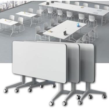 Imagem de Mesa compacta dobrável para computador - mesas móveis de sala de conferências, mesa de treinamento flip top com rodas (pacote com 6, 160 x 59,9 x 75 cm) - Móveis versáteis e econômicos para reuniões e