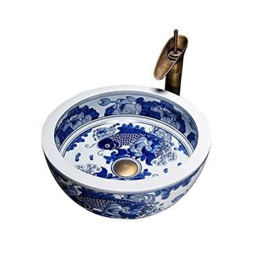 Imagem de Conjunto de pia e torneira de vaso de cerâmica estilo chinês para lavatório de arte clássica - pias de lavatório acima do balcão - Tigela artística de porcelana para banheiro