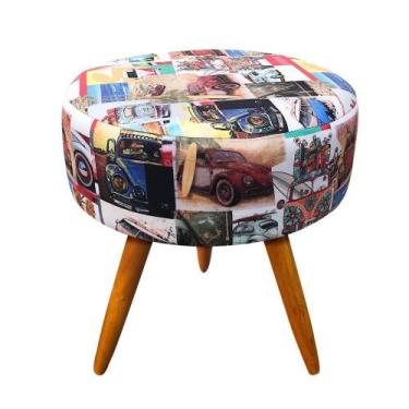 Imagem de Puff Banqueta Berlim Redondo Estampado Fusca Pés Castanho - D'Rossi