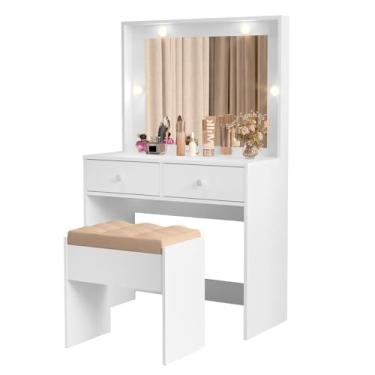 Imagem de Penteadeira Livia Com 2 Gavetas Luz de Led e Banqueta Branco