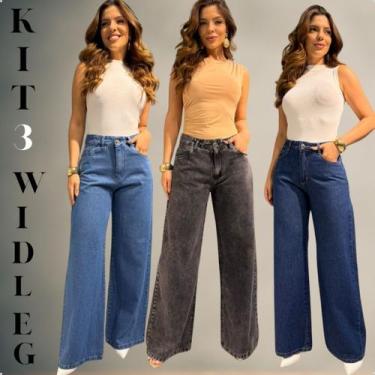 Imagem de Kit 3 Calça Wide Leg Jeans Feminina Cintura Alta Premium Confortável M