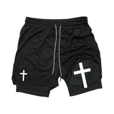 Imagem de Shorts De Corrida Masculinos Com Estampa De Cruz Cristã 2 Em 1 Para Tr