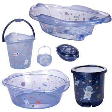 Imagem de Kit banheira de bebê decorada ludica plasutil 6 peças + bacia + lixeir