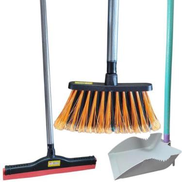 Imagem de Kit Vassoura Pá Rodinho limpeza Genial Não Risca Com Cabo - Poli Clean