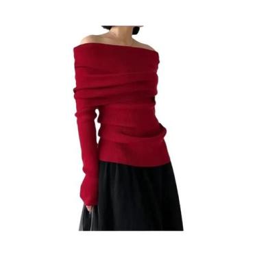 Imagem de Suéter Feminino De Tricô Ombro a Ombro Outono Inverno Elegante Vintage