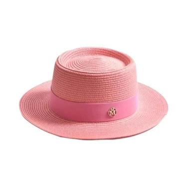 Imagem de Chapéu De Sol Feminino De Palha Para Verão Com Aba Reta E Fita  Boné D