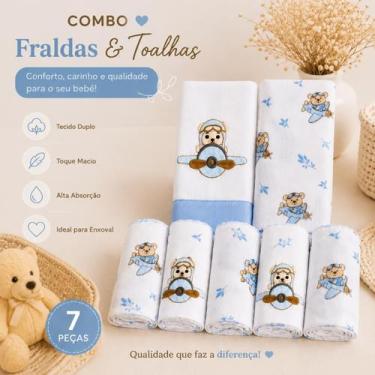 Imagem de Enxoval Urso Aviador Bebê Menino Kit 7 Peças Luxo Já Bordado 5 Fraldas