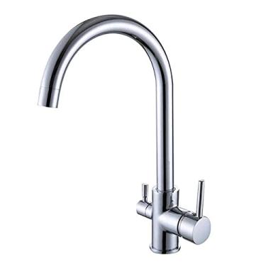 Imagem de Pkfinrd Torneira de cozinha com filtro de água de 3 vias 3 em 1 misturador de pia de cozinha de latão quente e frio direto com água potável torneira giratória multifuncional