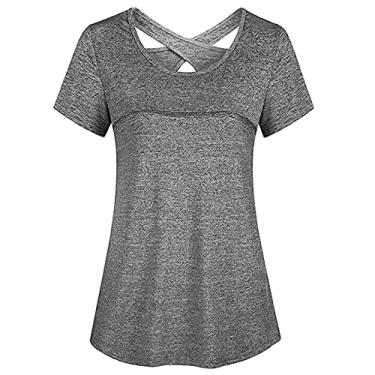 Imagem de Camiseta feminina manga curta para ioga, secagem rápida, corrida, treino, camiseta esportiva, top, ioga, roupas esportivas(XXL)(Cinza)