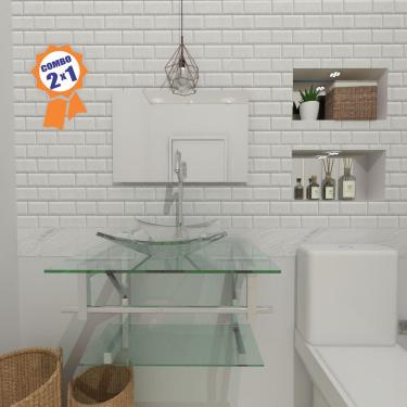 Imagem de Combo 2 em 1 Gabinete de Vidro 60cm para banheiro Cuba Quadrada Ucrânia + Torneira Algarve 