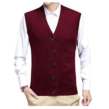Imagem de Cardigã masculino sem mangas com gola xale slim fit tricô com botão suéter coletes, Ver...