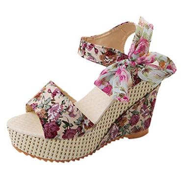Imagem de Sandálias femininas elegantes, sandálias femininas plataforma salto anabela floral flor cadarço sapatos calçados, rosa, 6