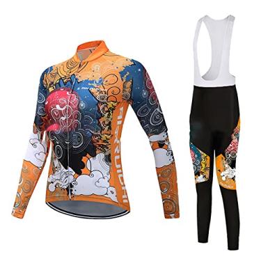 Imagem de Conjunto de camisa de ciclismo inverno feminino manga longa + calças acolchoadas 3D MTB desgaste de bicicleta térmico à prova de vento roupas esportivas, laranja, 2
