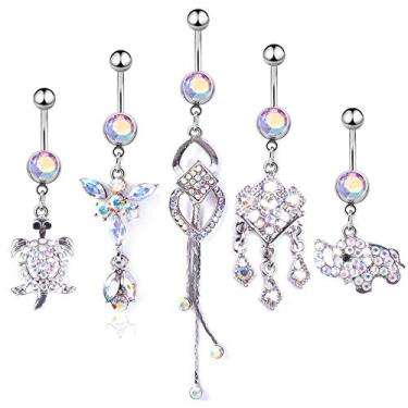 Imagem de Anéis de botão de barriga Shuning 5 peças de aço inoxidável 14G para mulheres, meninas, elefantes de tartaruga, zircônia cúbica, anéis de umbigo, joia de piercing corporal pendente