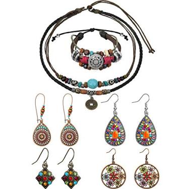 Imagem de Hicarer Colar de couro, gargantilha de contas, ajustável, vintage, turquesa, pulseira feita à mão, com contas, 4 pares de brincos boêmios vintage pendurados joias para mulheres
