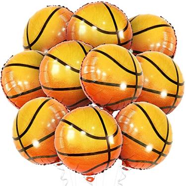 Imagem de Balões de basquete para decorações de festa de basquete - Grande 45,7 cm, pacote com 10 | Balões de basquete | Balões de bola de cesta metálica com esfera redonda 4D | Artigos para festa de aniversário com tema de basquete