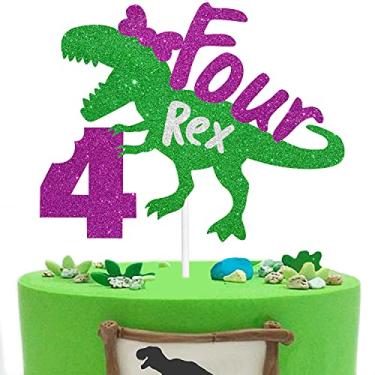 Imagem de Decoração de tema de dinossauro quatro topos de bolo Rex T-Rex 4 anos aniversário crianças decorações de festa suprimentos - suprimentos de festa de aniversário de dinossauro para meninas de 4 anos