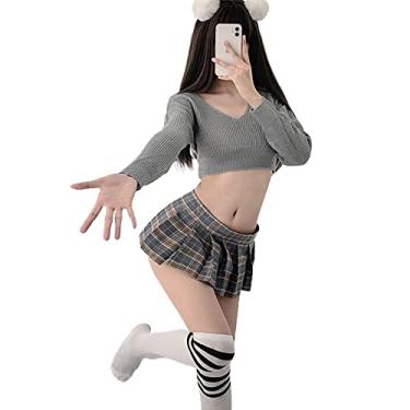 Imagem de Temptshow Pijama feminino sexy para estudantes japoneses, cosplay, roupa íntima grande, Cinza, One Size
