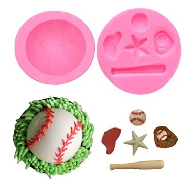 Imagem de Moldes de silicone de chocolate para fondant de softbol, molde de bolo para chapéu de luva de taco de beisebol para toppers de cupcake decorações de bolo argila polímero moldes de doces esportivos para festas temáticas de softball celebrações de jogo de bola
